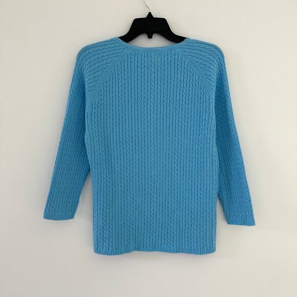 LL Bean Women Blue Cable Knit Cardigan Sweater Size Medium Preppy y2k 3/4 Sleeve - Picture 2 of 8